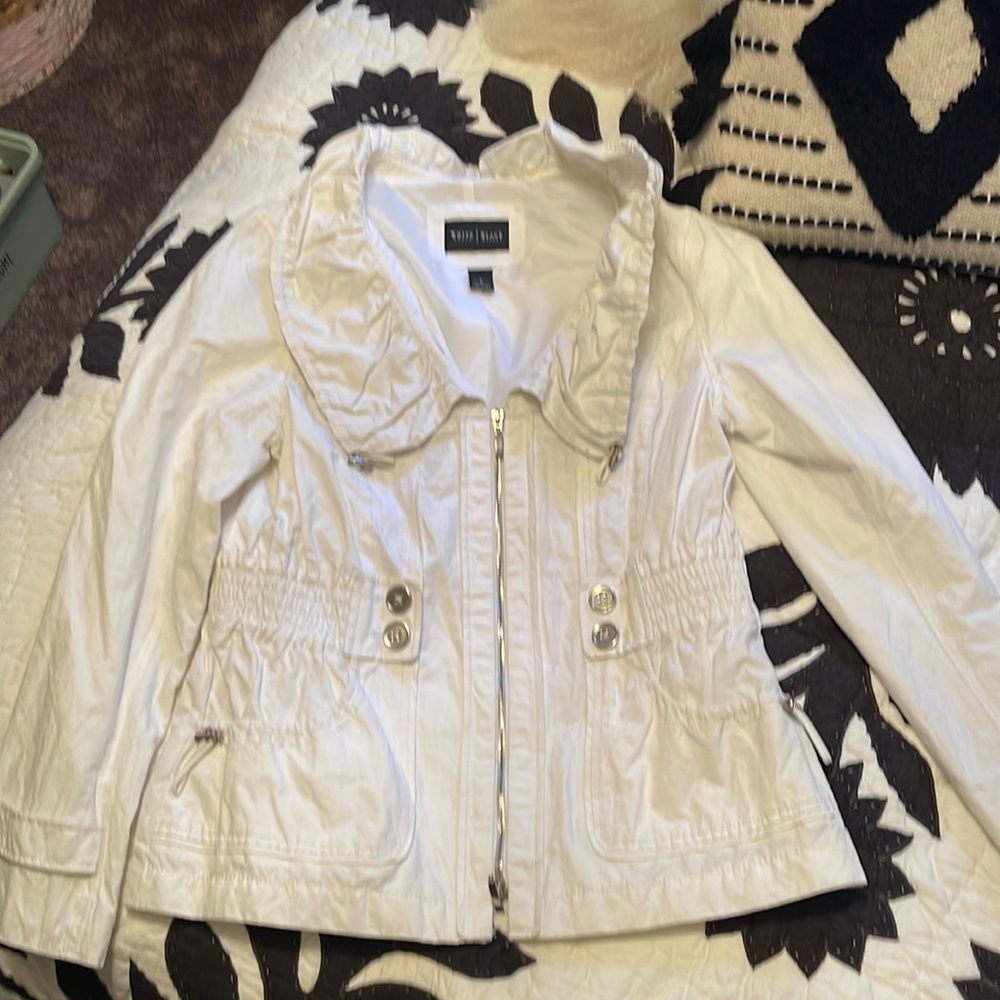 White House Black Market Ivory Utility Jacket with Ruffle Collar